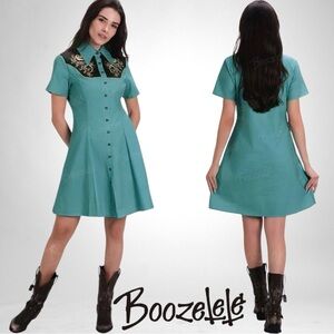 BOOZELELE Retro Blue Flowers/Dinosaur Skeleton Print  Button Down Swing Dress 2X